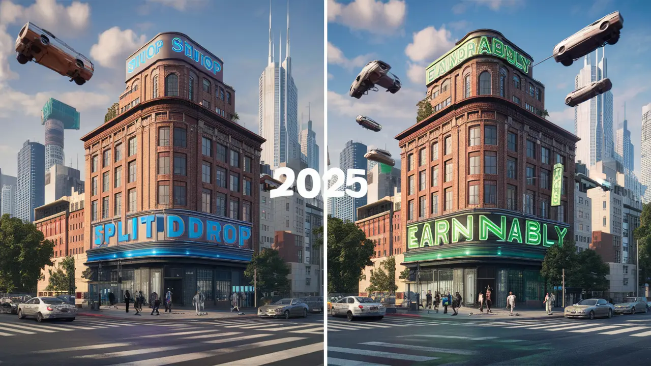 Cidade futurista em 2025 com edifícios SplitDrop e EarnAbly, carros voadores e pedestres, céus claros e arranha-céus.