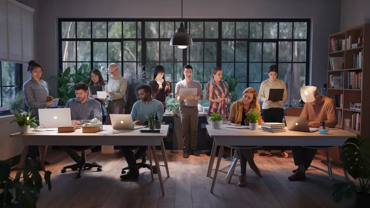 Pessoas diversas trabalhando remotamente em um escritório moderno com laptops, plantas e estantes de livros.