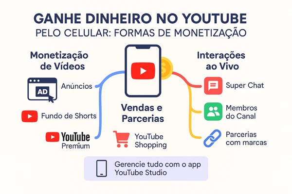 imagem que representa diferentes formas de fazer dinheiro pelo youtube